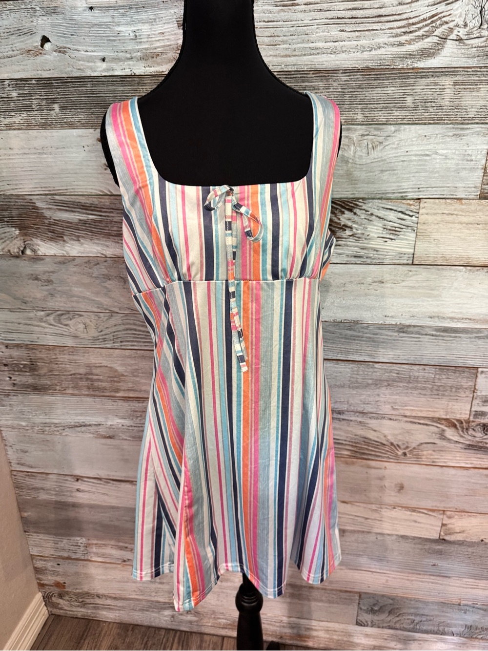 NWOT Striped Multicolor Mini Dress with Tie Front
